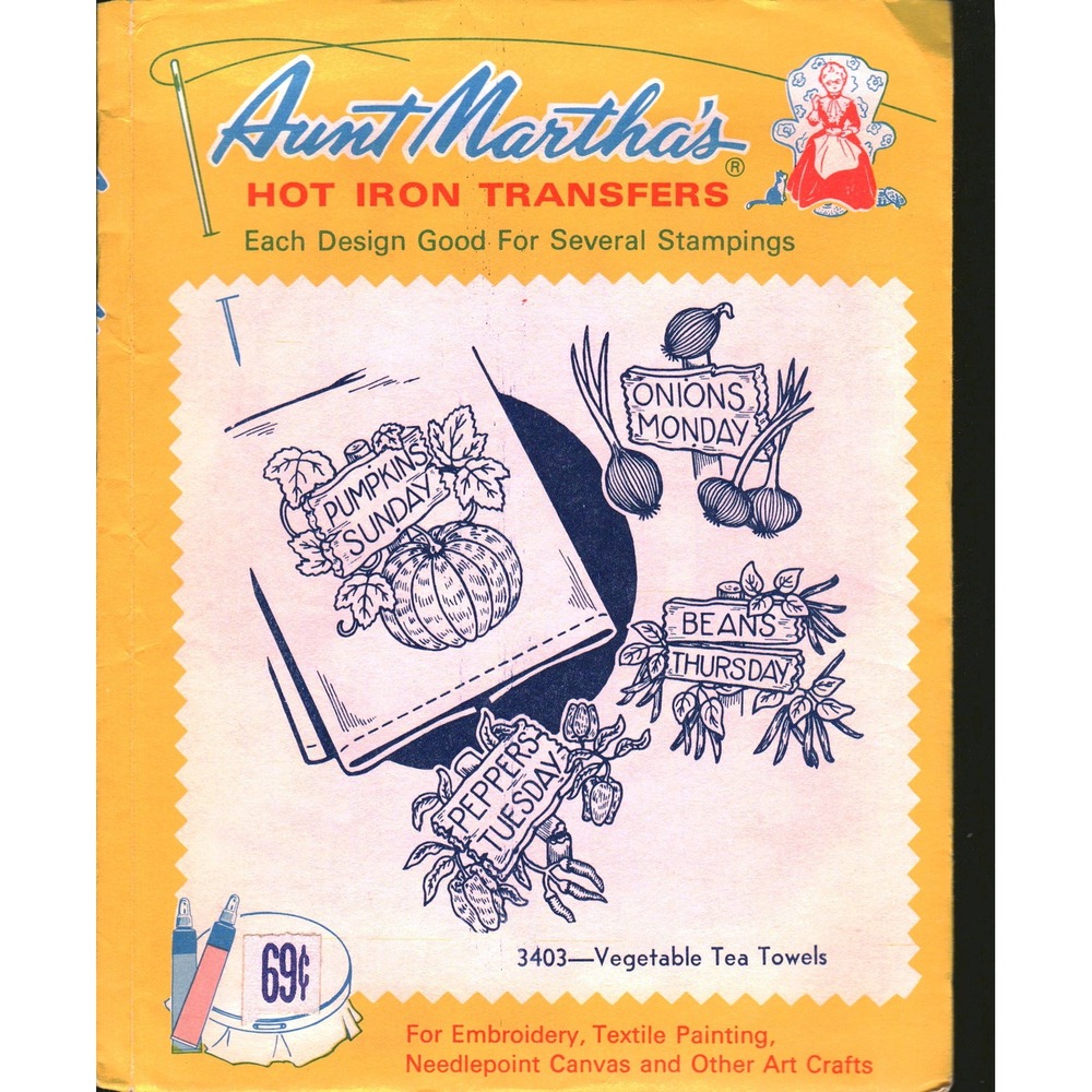 Vintage Aunt Martha's Hot Iron Transfers 3403 Vegetable Tea Towels Embroidery